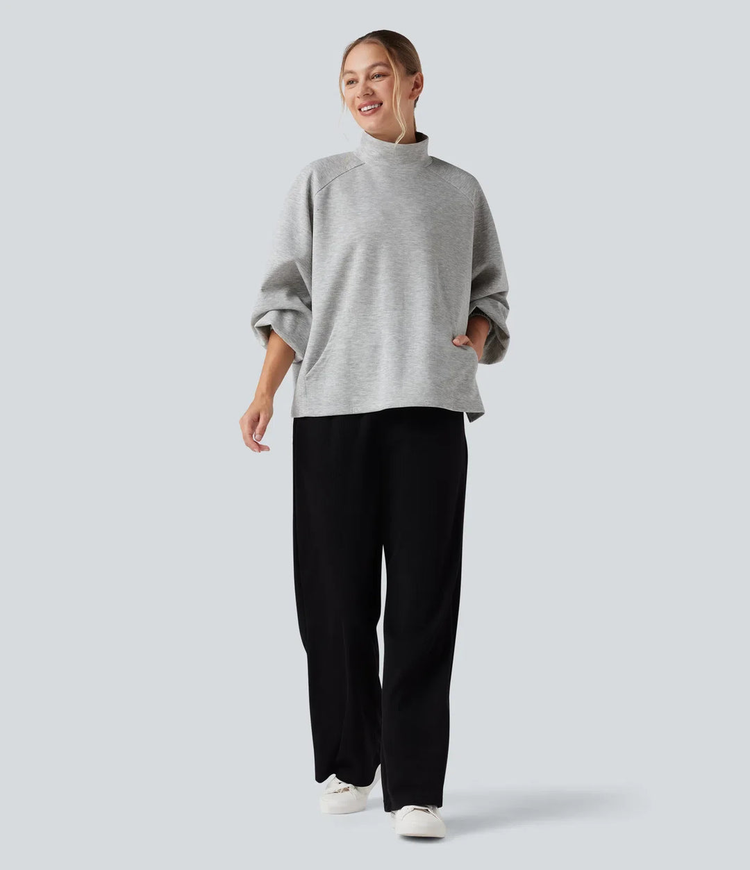Halvpolo långärmad hög-låg vardaglig sweatshirt med ficka