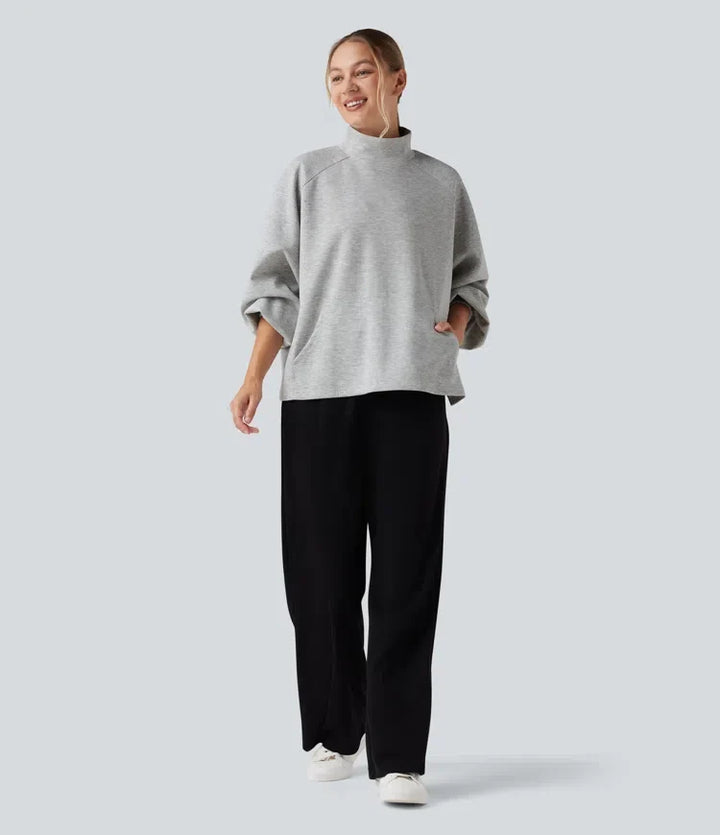 Halvpolo långärmad hög-låg vardaglig sweatshirt med ficka