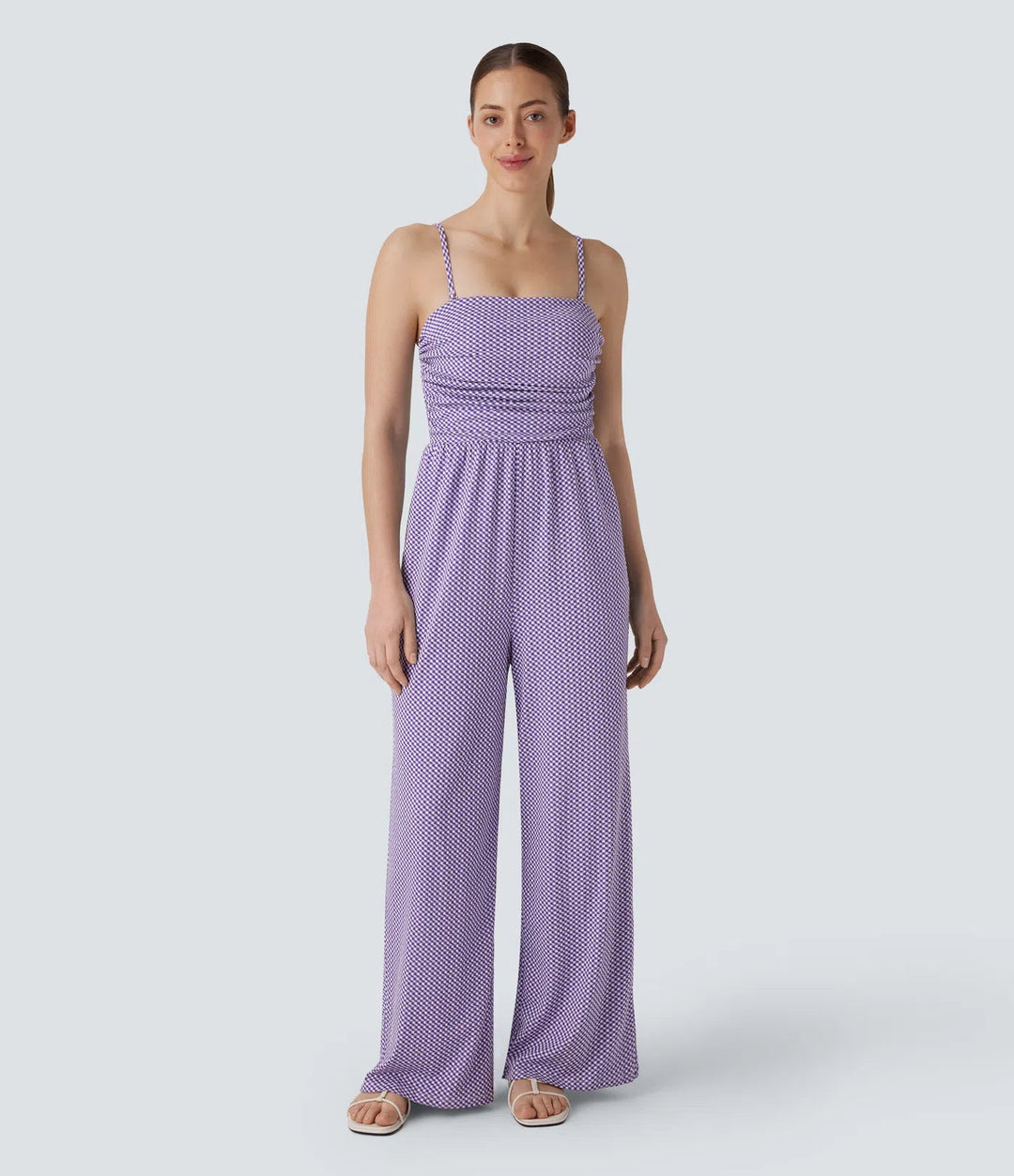 Justerbar och avtagbar rem rynkat ficka rutig vardaglig jumpsuit