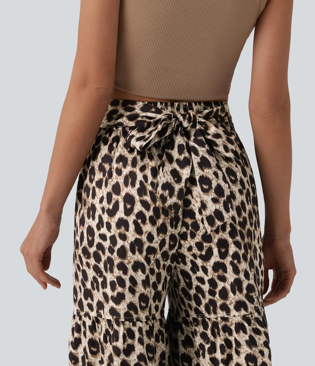 Medelhög midja knytning fram baggy leopardmönster vardagsbyxor med fickor