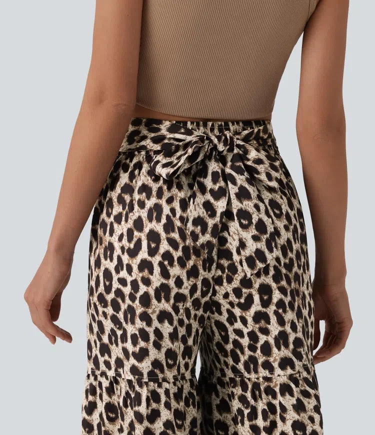 Med medelhög midja knytning framtill baggy leopardmönstrad vardagsbyxor med fickor