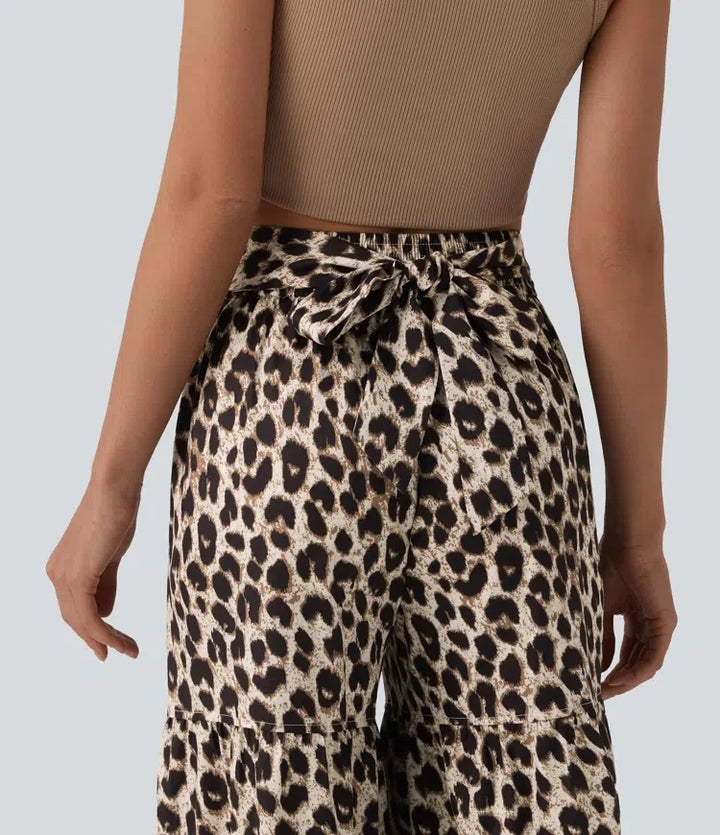 Med medelhög midja knytning framtill baggy leopardmönstrad vardagsbyxor med fickor