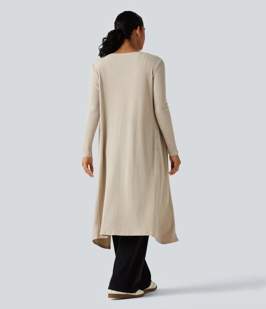 Ribbstickad öppen front långärmad vardaglig lång modell Waterfall cardigan med fickor
