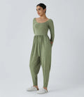 Djup rund halsringning ficka vardaglig harem jumpsuit
