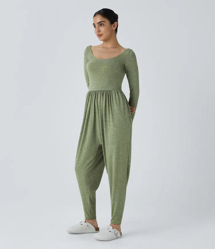 Djup rund halsringning ficka vardaglig harem jumpsuit