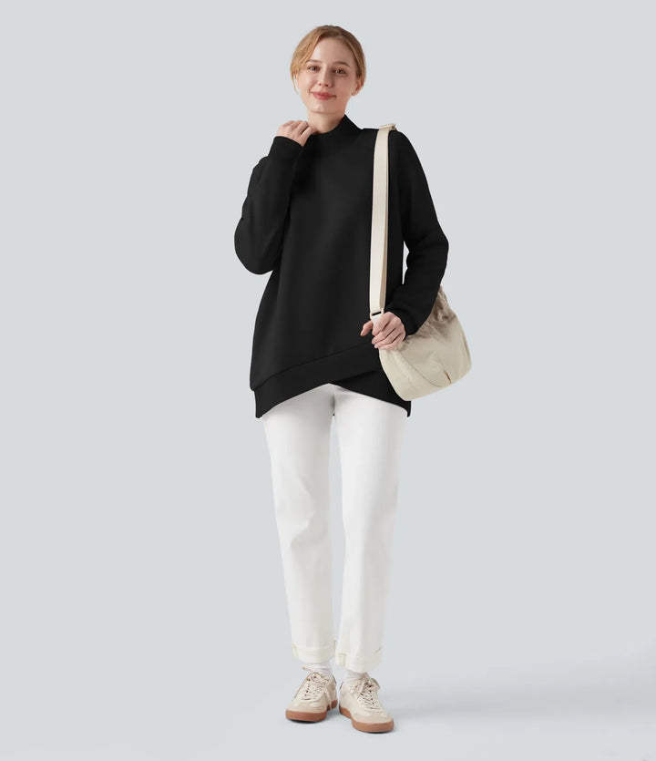 Halvpolo lång raglanärm crossover-fåll fleece vardaglig sweatshirt