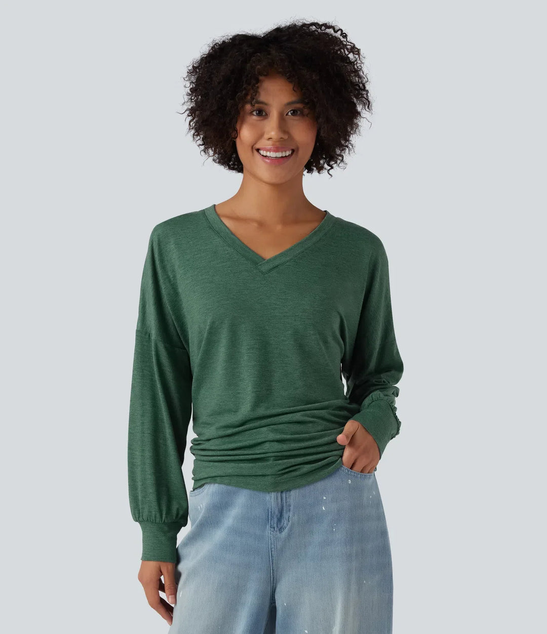V-ringad långärmad rynkat avslappnad vardaglig T-shirt