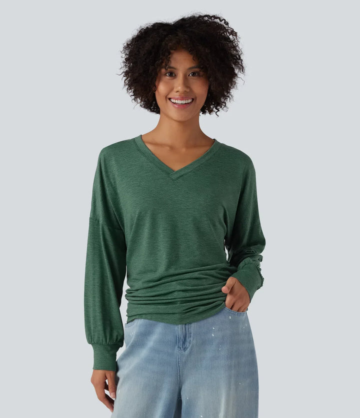 V-ringad långärmad rynkat avslappnad vardaglig T-shirt