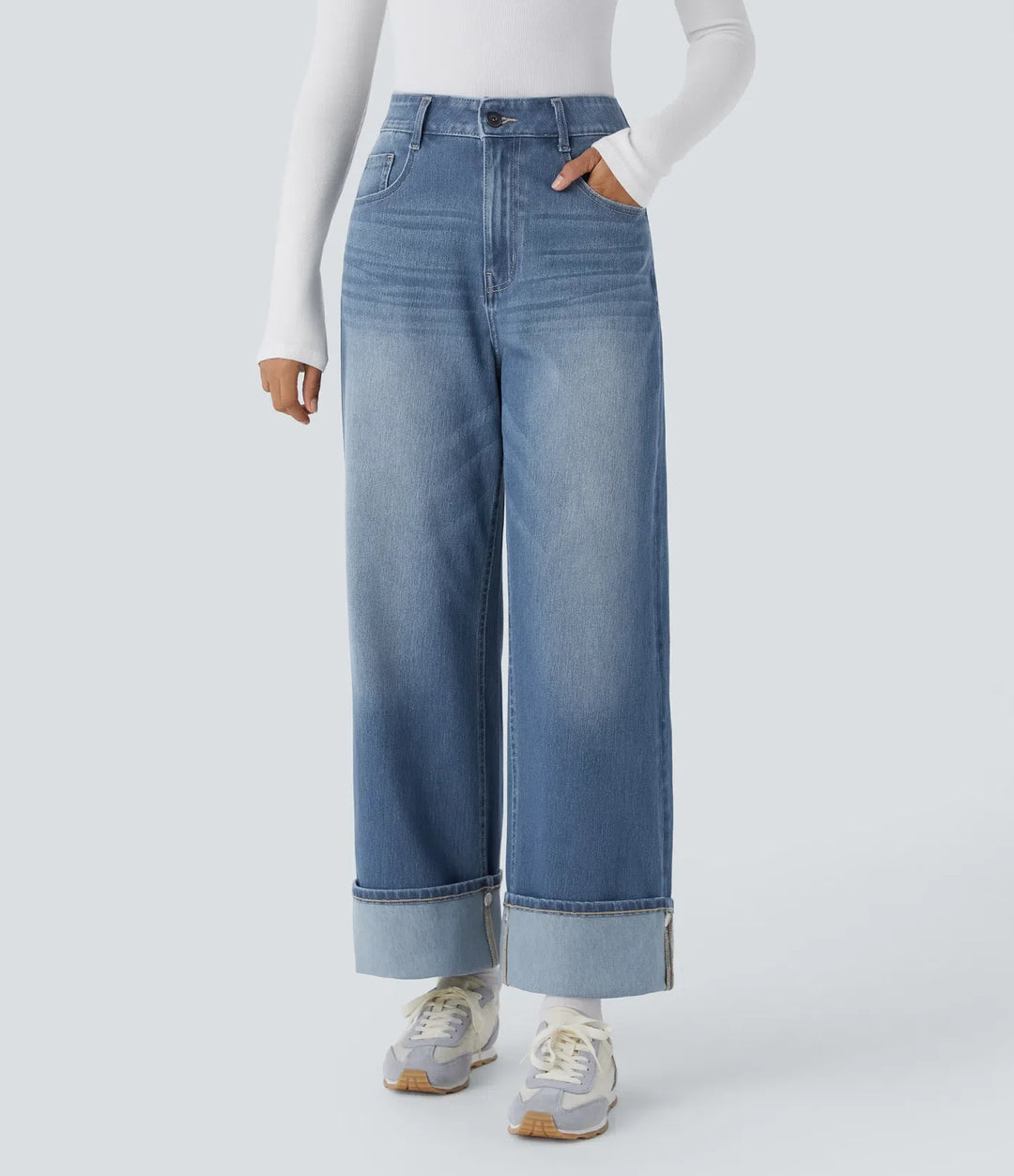 Lyckera Flex högmidjad fickor justerbar fåll vida ben tvättad vardagsjeans