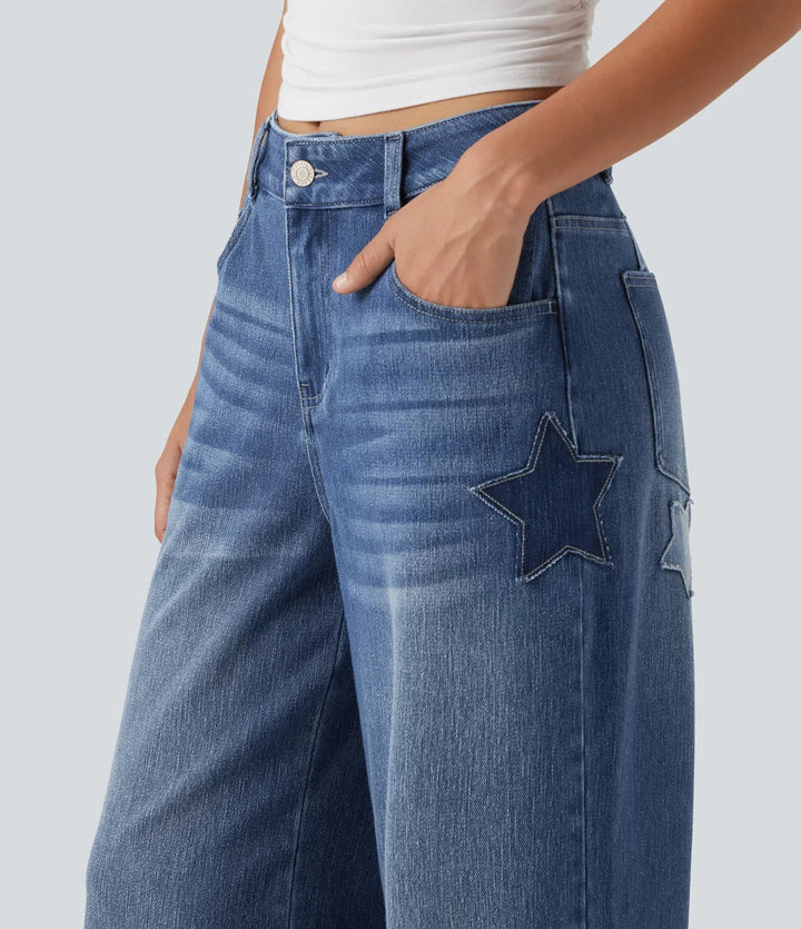 Halara Flex med hög midja baggy broderi vardagsjeans med fickor