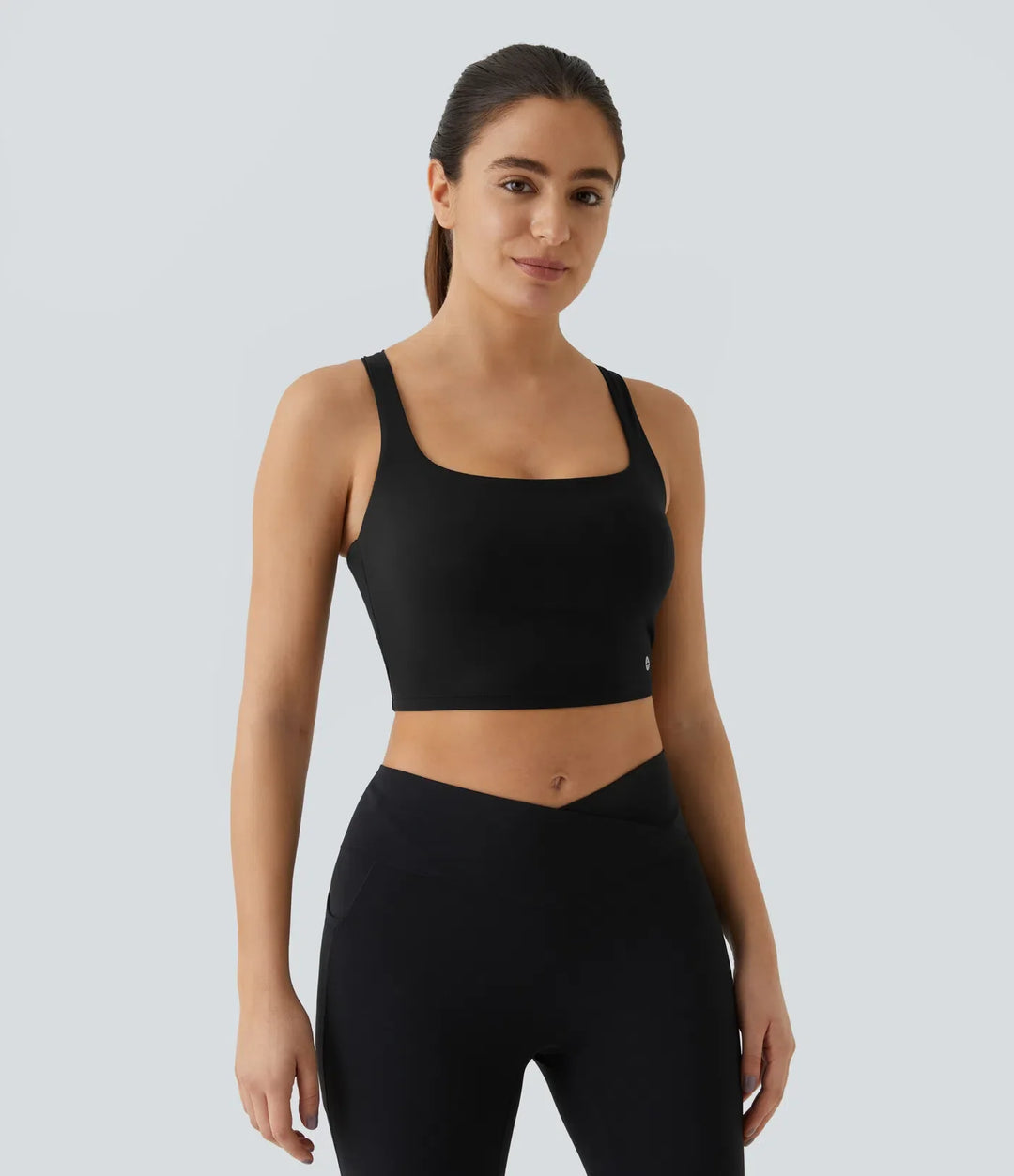 SoftlyZero luftig fyrkantig halsringning rygglös korsad croppad InstantCool yogalinne