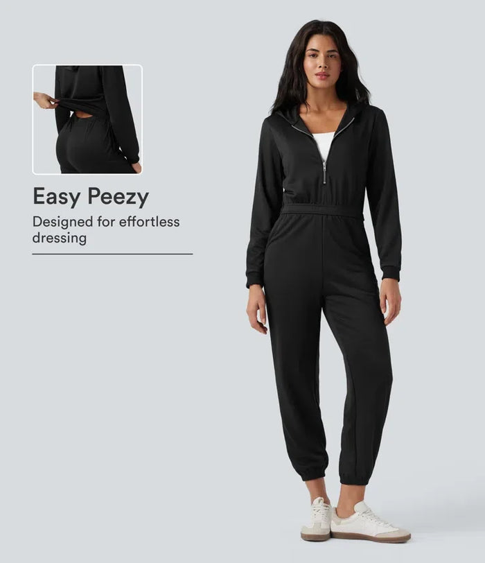 Med huva långärmad vardaglig jogger jumpsuit med fickor-Easy Peezy Edition
