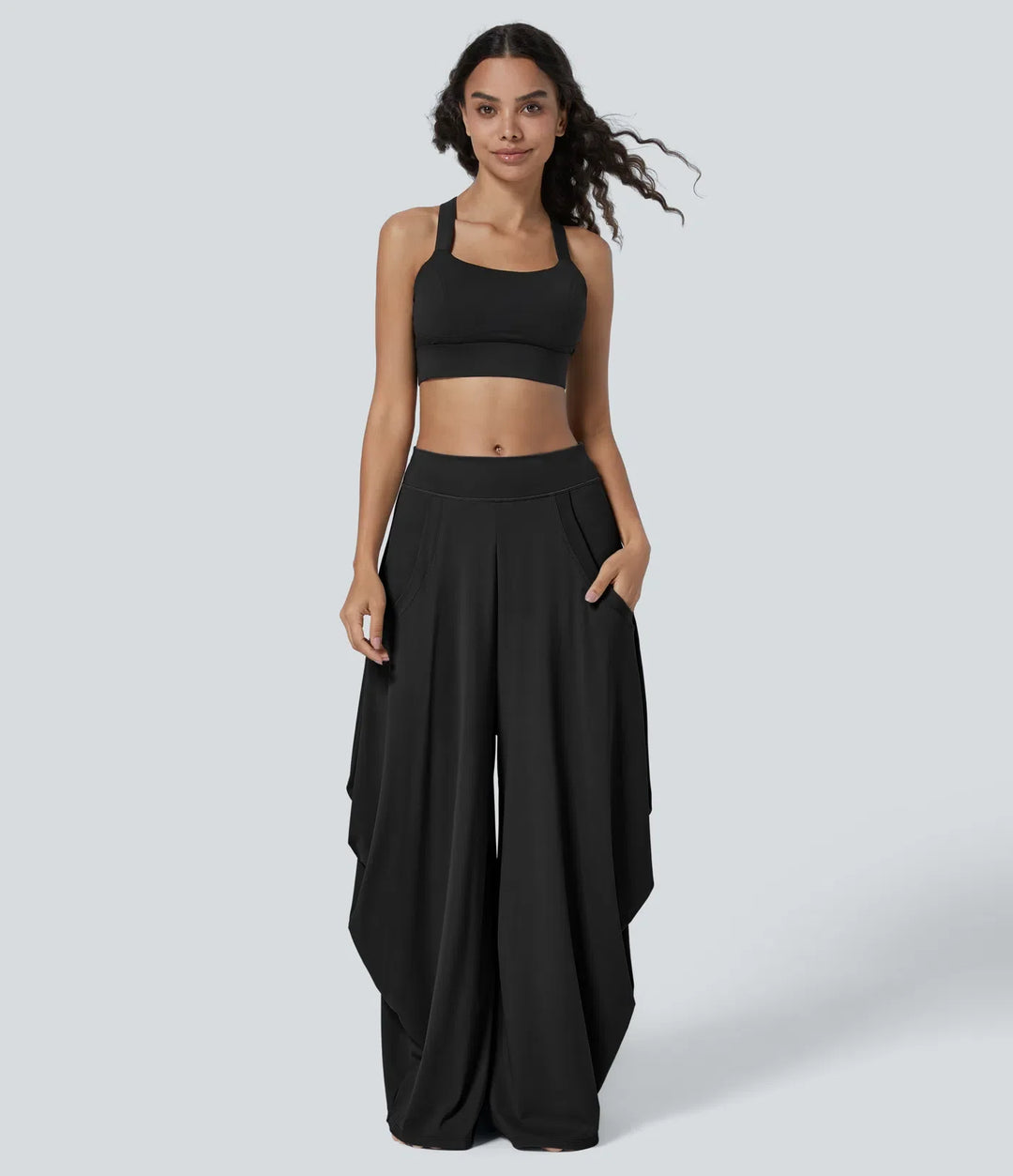 Med medelhög midja fickor draperad vida ben baggy vardagsbyxor
