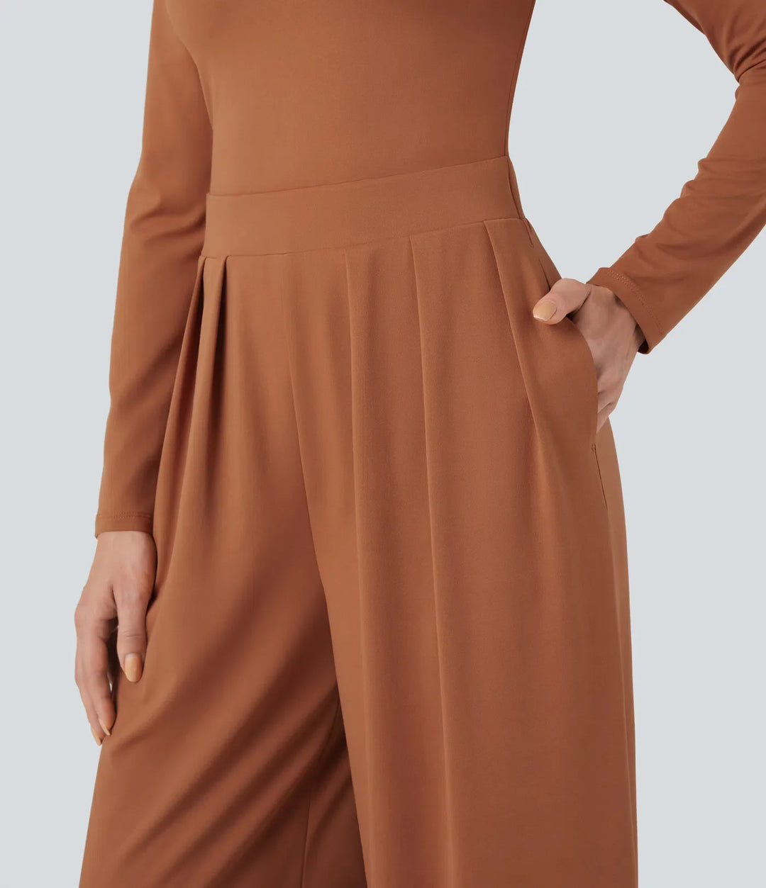 U-ringad långärmad vida ben vardaglig jumpsuit med fickor