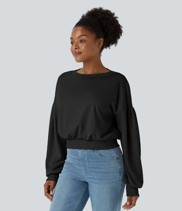 Rund hals nedhasad axel bishop ärm avslappnad vardaglig sweatshirt