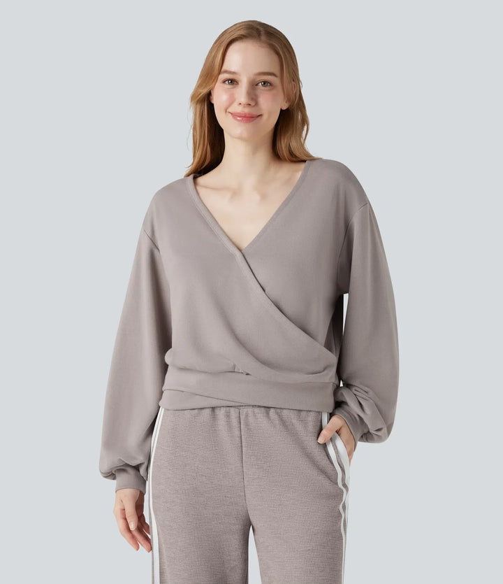 V-ringad långärmad vardaglig sweatshirt