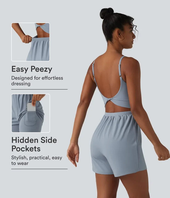 SoftlyZero luftig vriden rygglös justerbara axelband 2-i-1 inbyggd BH InstantCool yoga playsuit med ficka-Easy Peezy