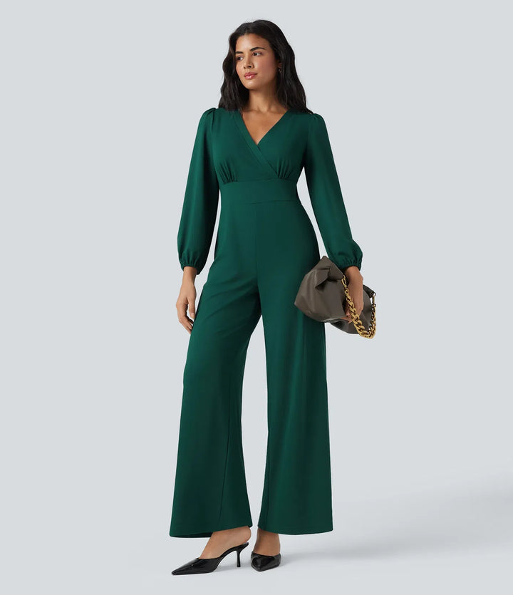 V-ringad långärmad vida ben arbetsjumpsuit med fickor-Easy Peezy Edition