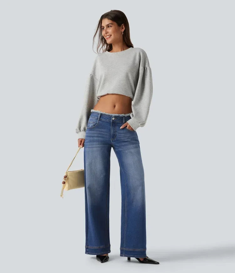 Med låg midja rå fåll vida ben vardagsjeans med fickor