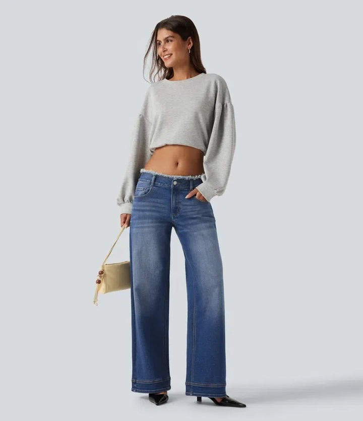 Med låg midja rå fåll vida ben vardagsjeans med fickor