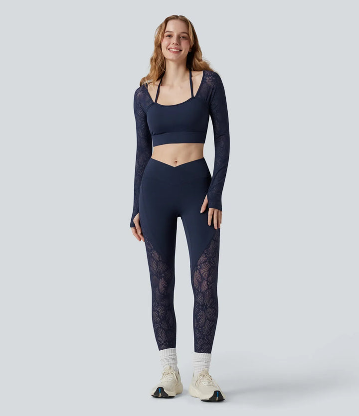 SoftlyZero kontrastspets halterneck långärmad tumhål kort yoga topp