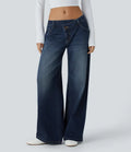 Lyckera Flex asymmetrisk låg midja dragkedja fickor baggy vida ben tvättad vardagsjeans