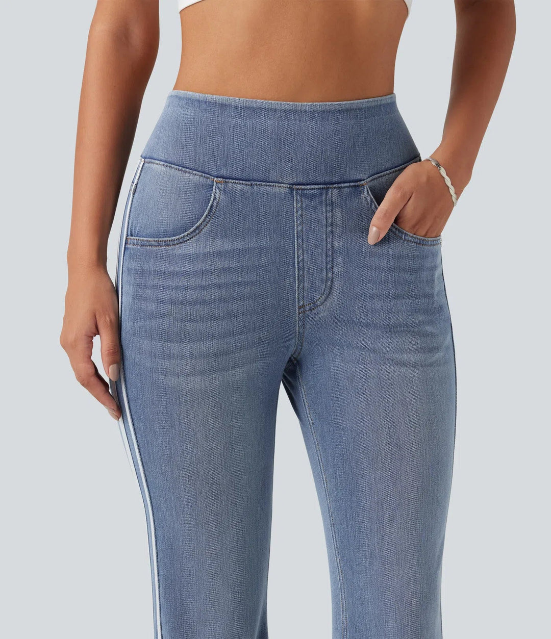 Halara Flex med hög midja rand utsvängd tvättad vardagsjeans med fickor