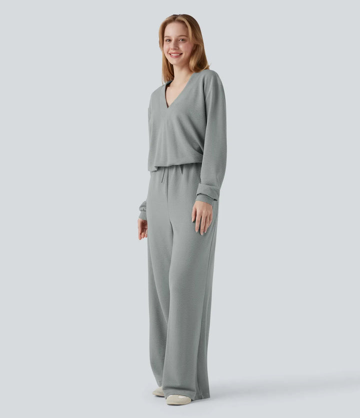 V-ringad långärmad dragsko vardaglig jumpsuit med fickor-Easy Peezy