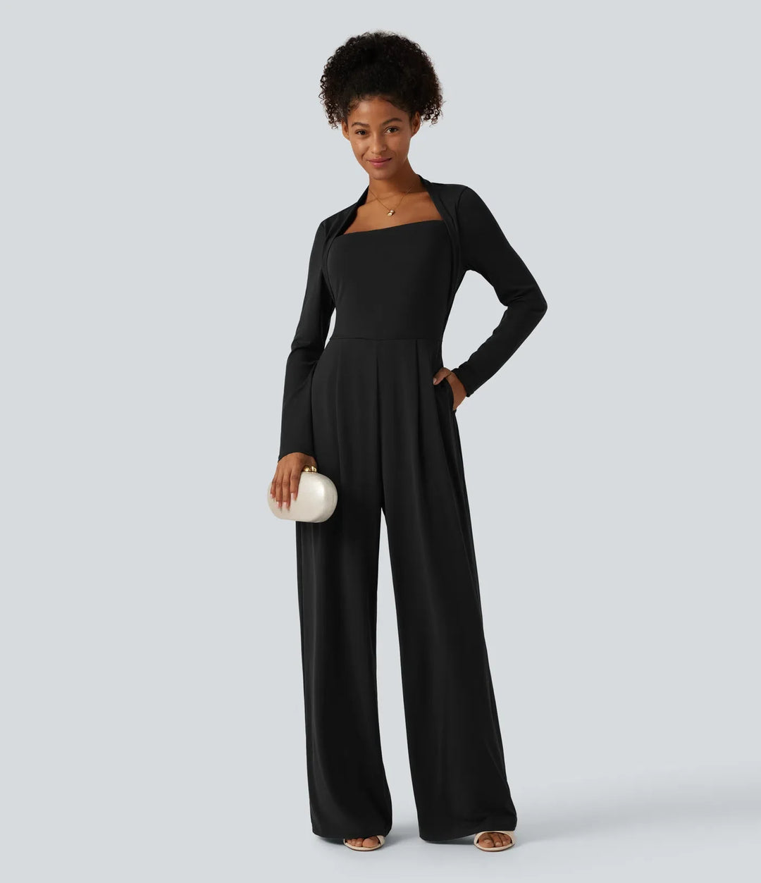 Långärmad inbyggd BH vida ben jumpsuit med fickor-Easy Peezy Edition DD-F-kupor