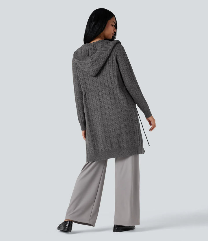 Med huva långärmad dragsko vardaglig lång modell cardigan