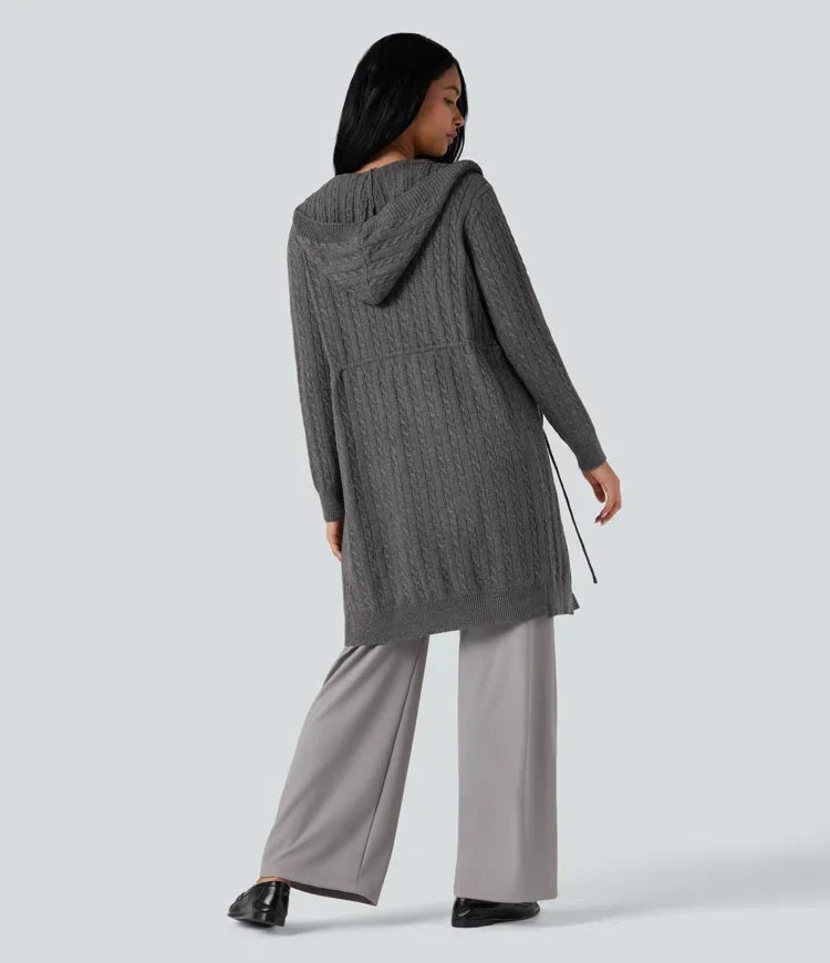 Med huva långärmad dragsko vardaglig lång modell cardigan