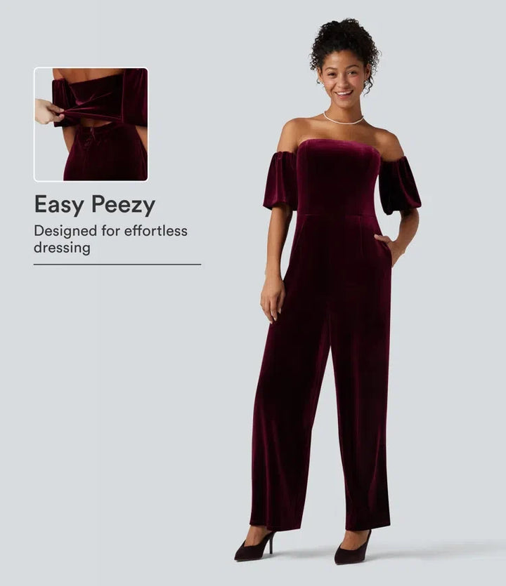 Tub puffärm slits sammet fest jumpsuit-Easy Peezy