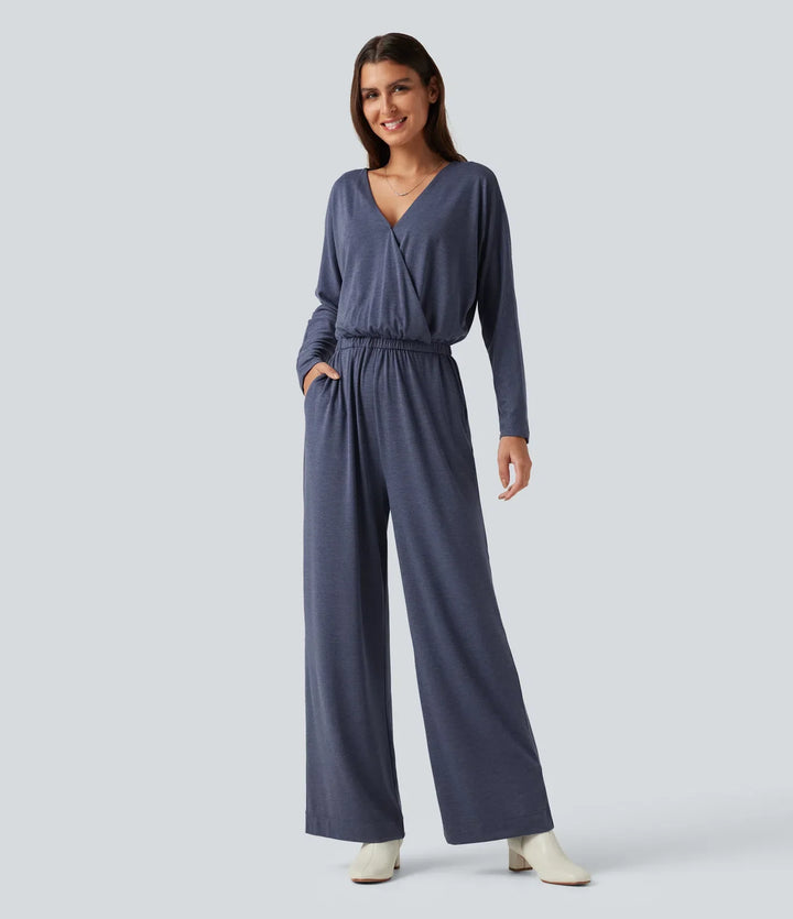 V-ringad långärmad arbetsjumpsuit med fickor