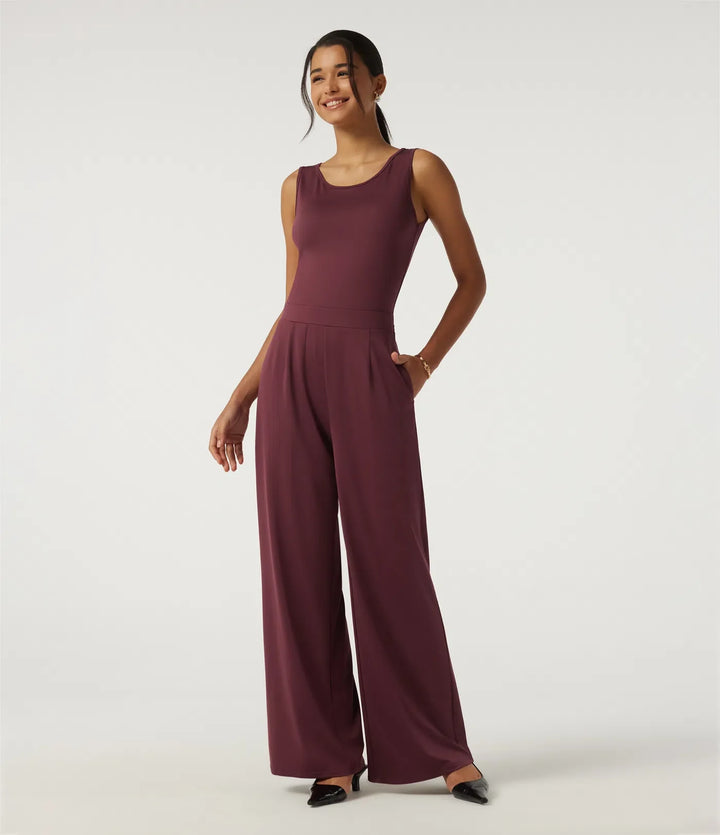 Rund hals ärmlös smal vida ben asymmetrisk jumpsuits för fest med fickor -Easy Peezy Edition