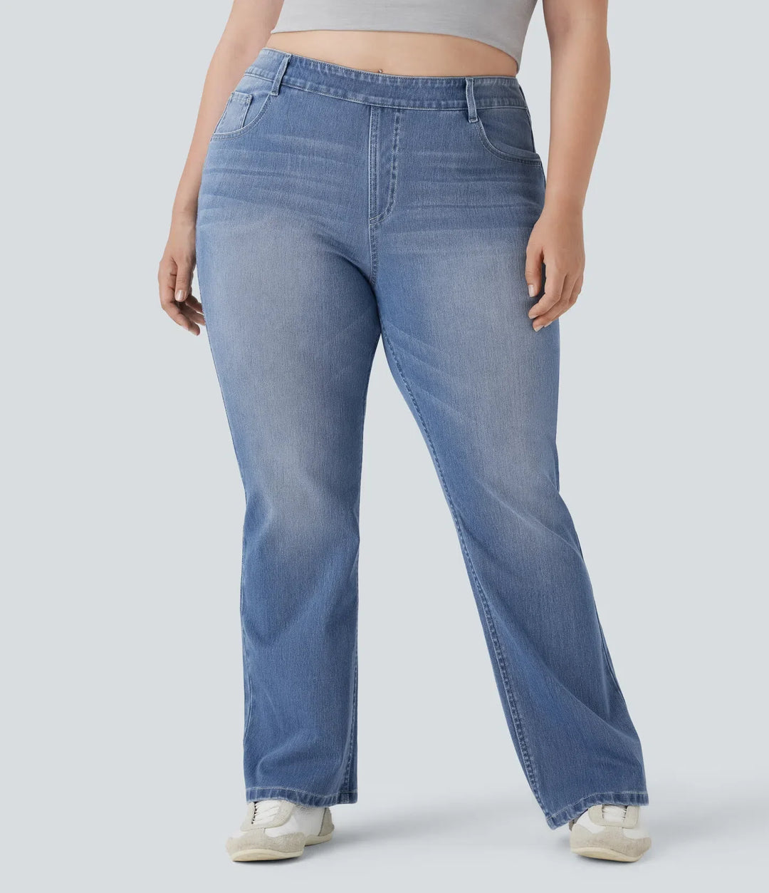 Plusstorlek Lyckera Flex högmidjad tvättad vardaglig bootcut-jeans med fickor