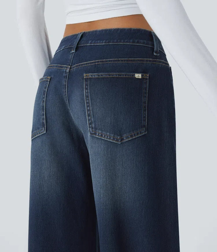 Halara Flex asymmetrisk med låg midja dragkedja fickor baggy vida ben tvättad vardagsjeans