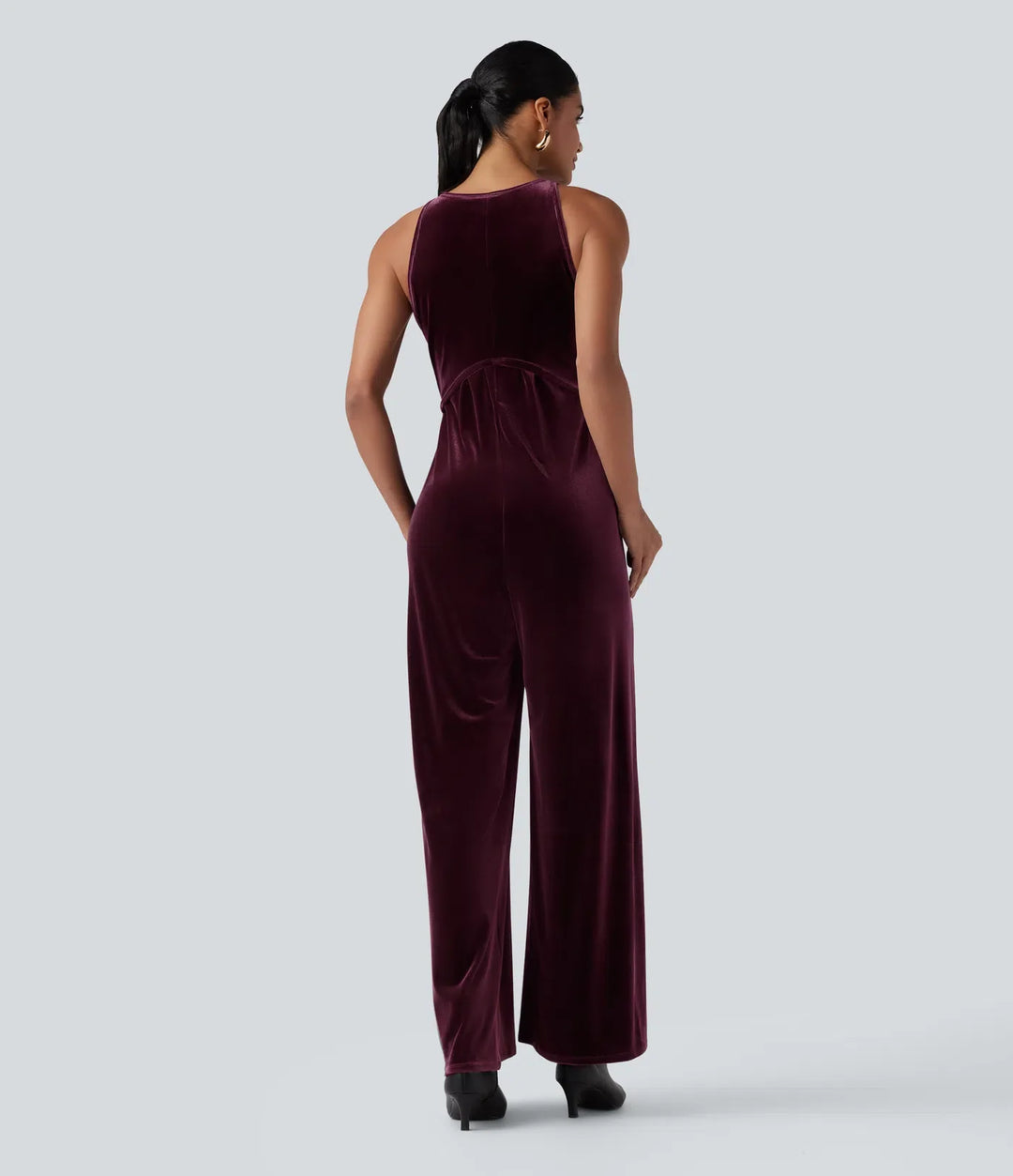 Rund hals ärmlös knytning i ryggen sammet fest jumpsuit med fickor