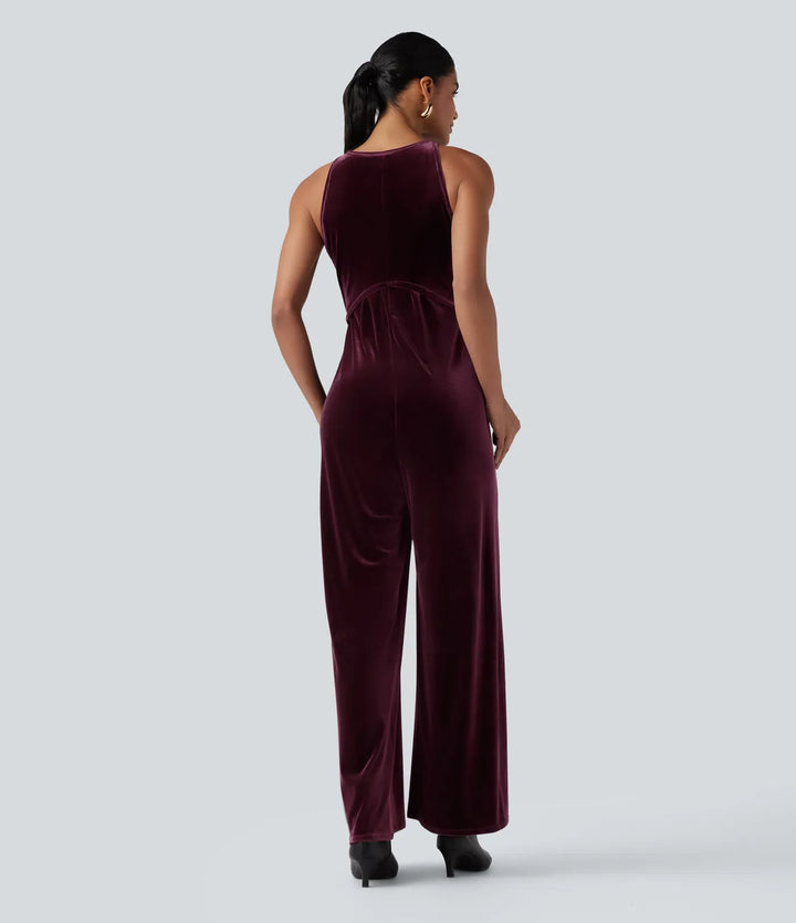 Rund hals ärmlös knytning i ryggen sammet fest jumpsuit med fickor