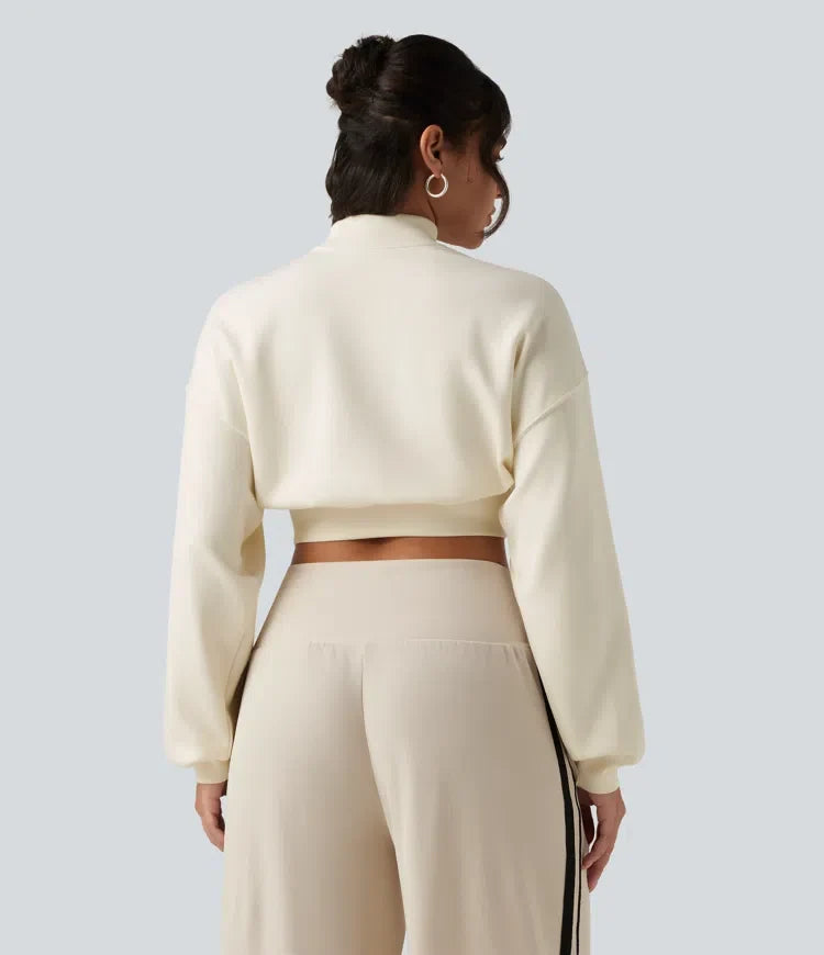 Halvpolo nedhasad långärmad vardaglig croppad sweatshirt
