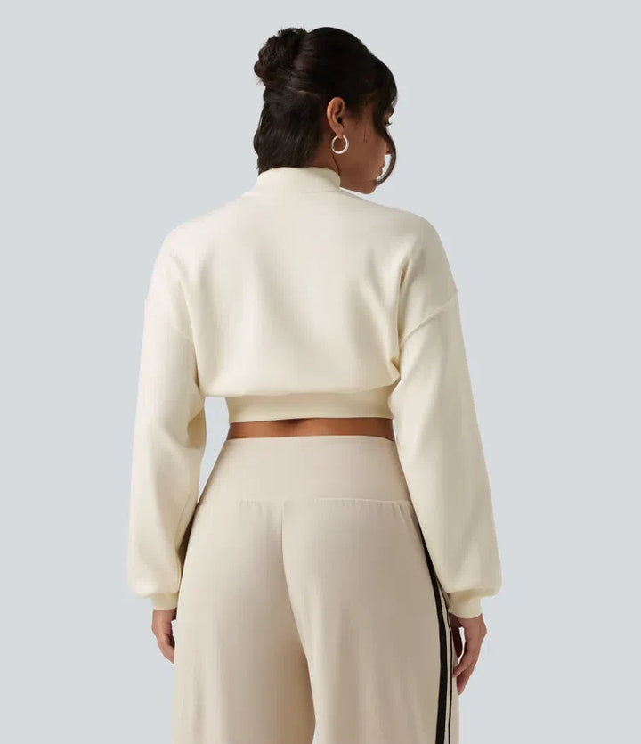 Halvpolo nedhasad långärmad vardaglig croppad sweatshirt