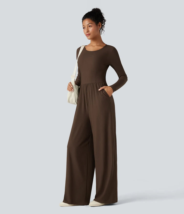 Ribbad rund hals långärmad korsett vardaglig jumpsuit med fickor-Easy Peezy Edition