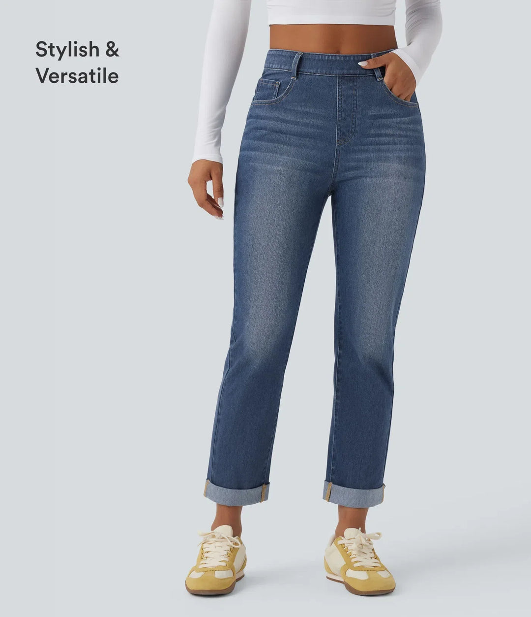 Lyckera Flex högmidjad upprullad fåll vardaglig smal jeans med fickor