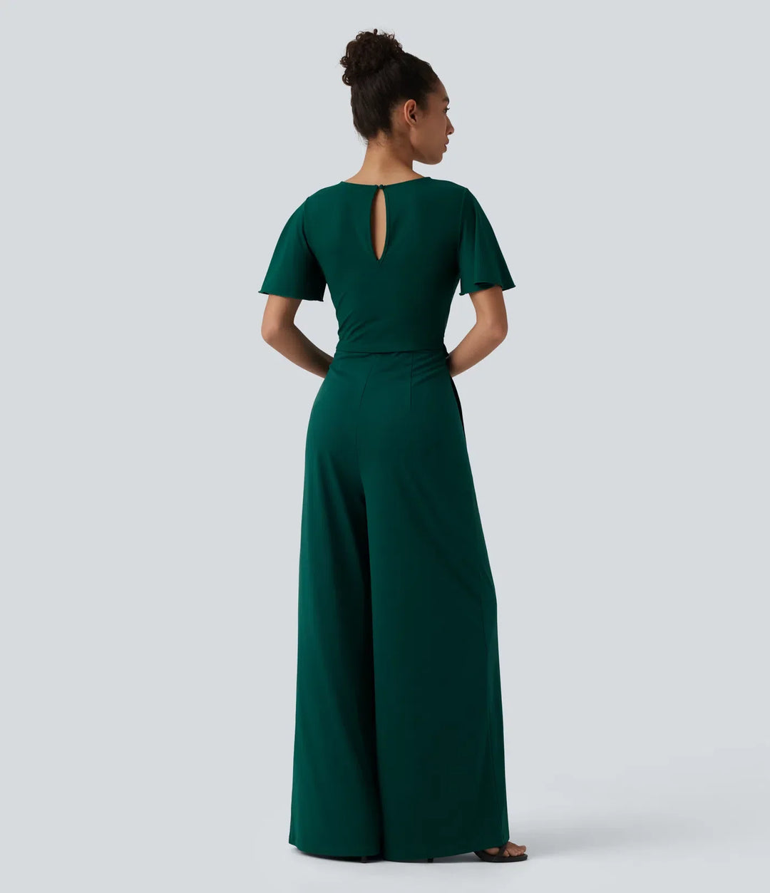 Rund hals kortärmad knytning fram vida ben jumpsuit med fickor-Easy Peezy Edition