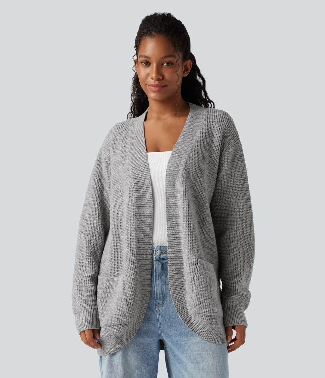 Öppen front långärmad vardaglig cardigan med fickor