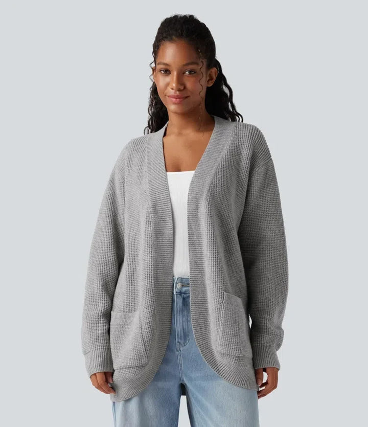 Öppen front långärmad vardaglig cardigan med fickor