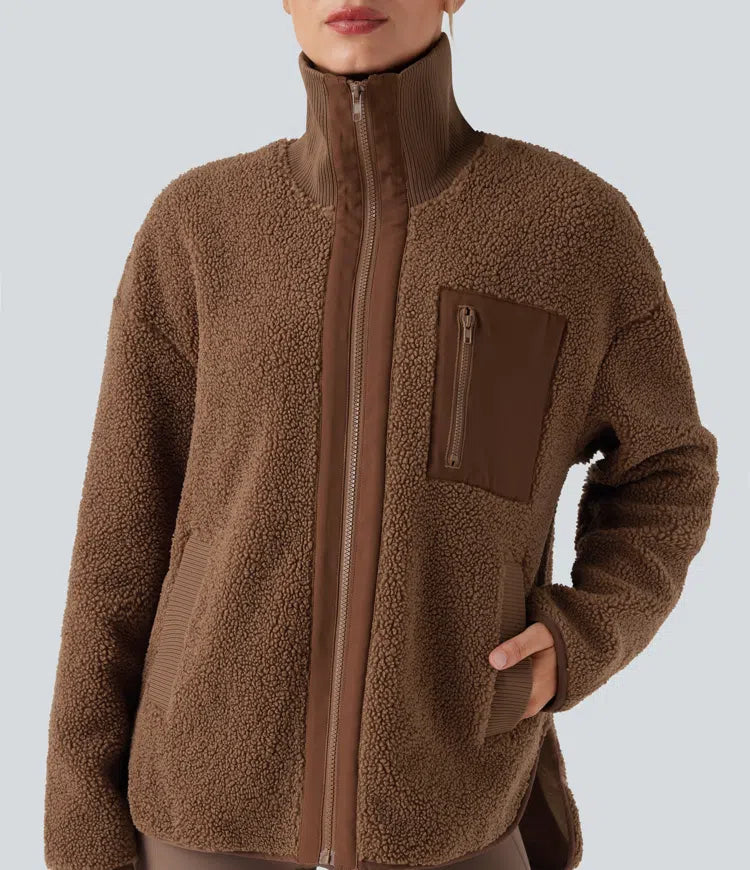 Långärmad hög-låg rundad fåll träning sherpajacka med fickor