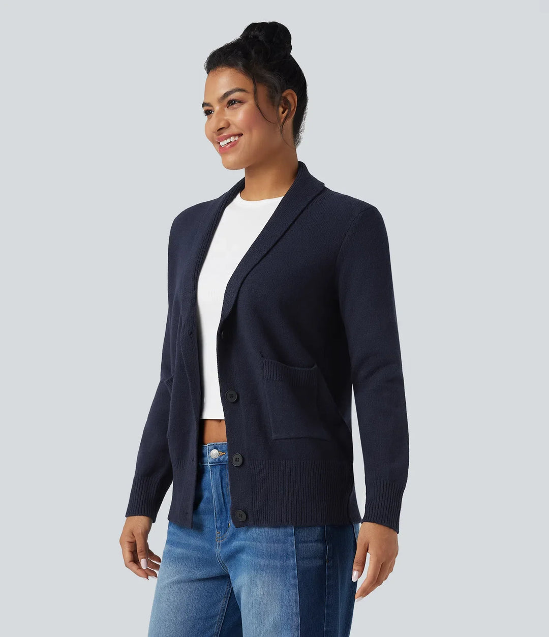 Slagkrage långärmad vardaglig cardigan med fickor