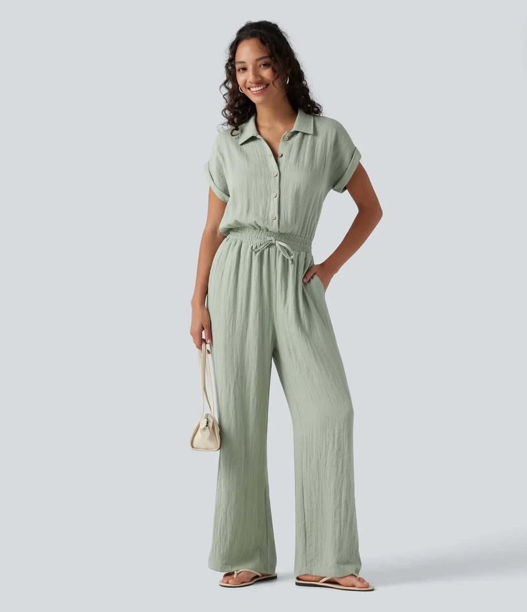 Kortärmad dragsko baggy vardaglig linnekänsla jumpsuit med fickor