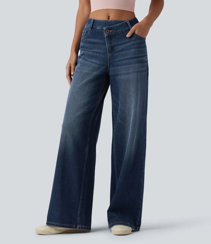 Lyckera Flex asymmetrisk medelhög midja vida ben vardagsjeans med fickor