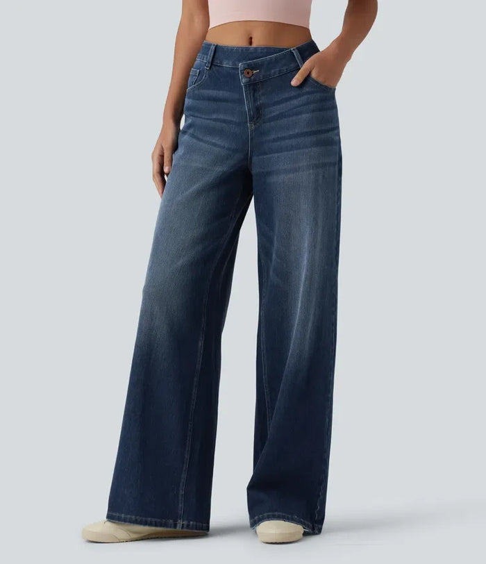 Halara Flex asymmetrisk med medelhög midja vida ben vardagsjeans med fickor